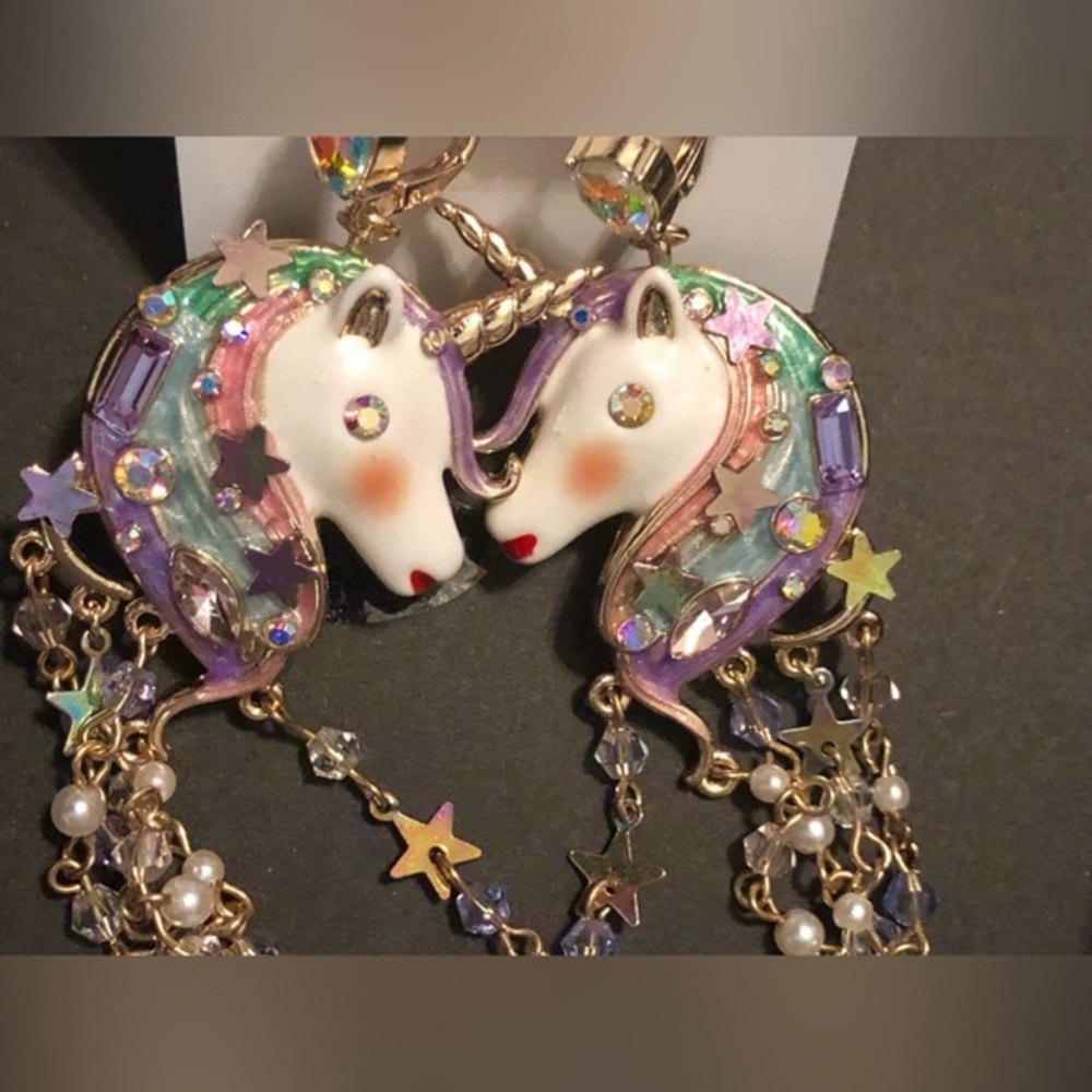 Betsey johnson unicorn tassel dangling gemstone chandelier earrings new